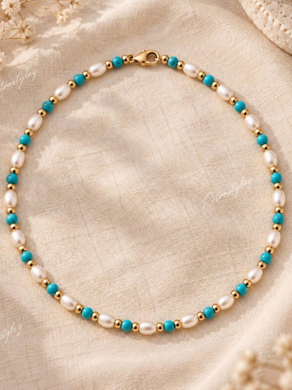 14K Gold Womens 15" Natural Pearl Turquoise Gemstone Necklace 14K Silver Jewelry